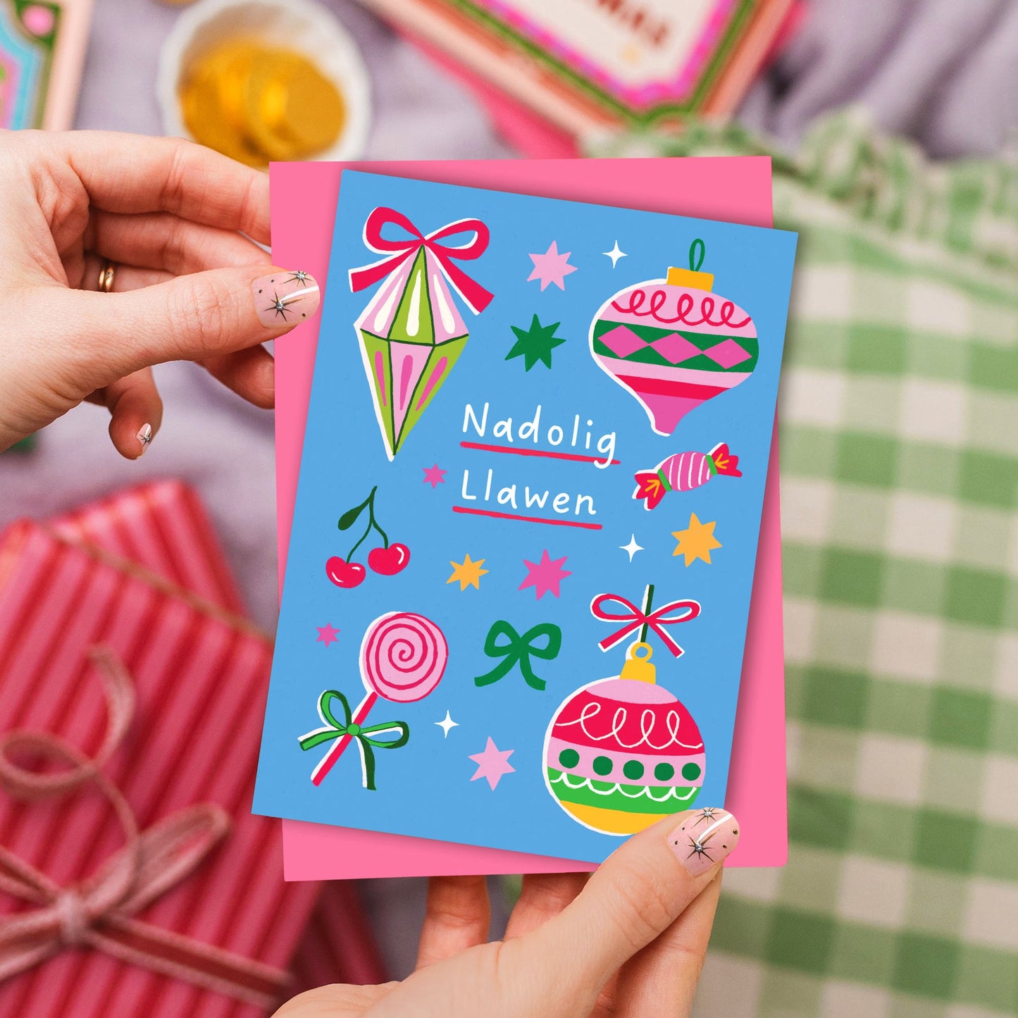 Nadolig Llawen Vintage Bauble Card Blue