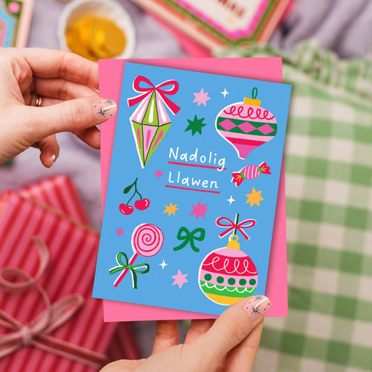 Nadolig Llawen Vintage Bauble Card Blue