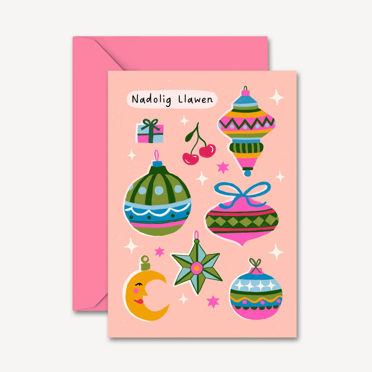 Nadolig Llawen Vintage Bauble Card Pink