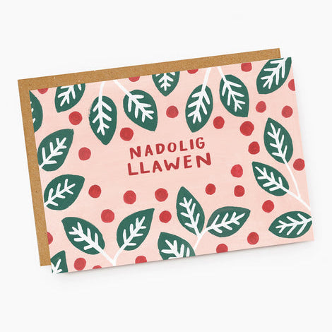 Nadolig Llawen Pink Holly Card