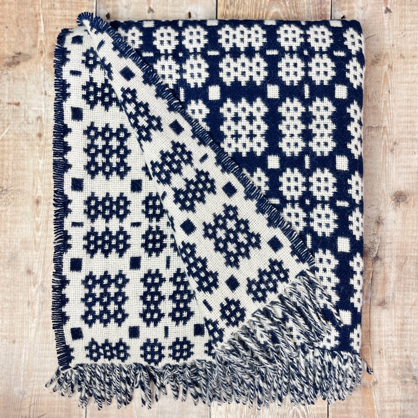 Navy Tapestry Welsh Woollen Blanket By Rock Mill
