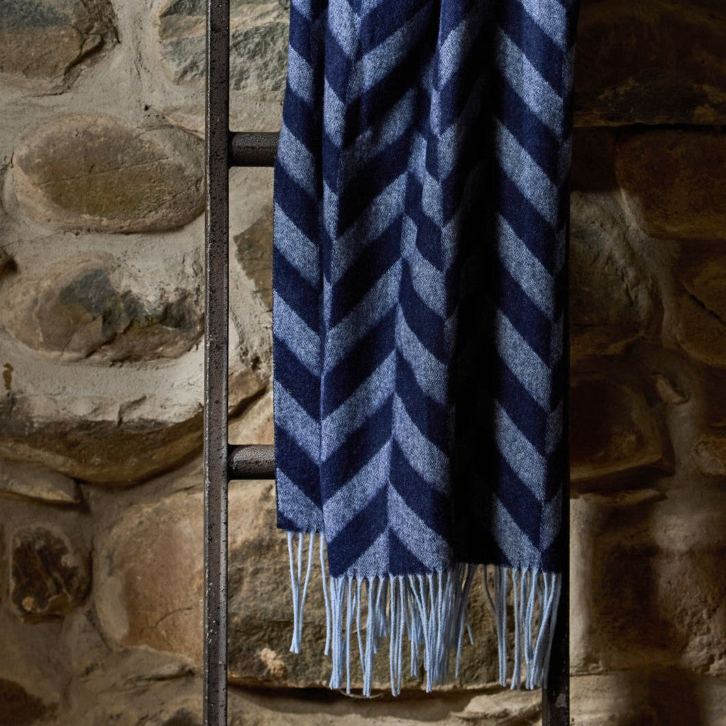 Lambswool Wide Chunky Herringbone Navy & Powder Blue Scarf