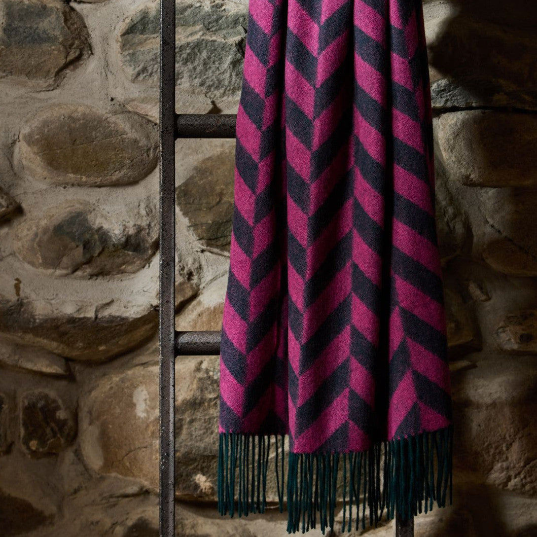 Lambswool Wide Chunky Herringbone Scarf Emerald & Pink Scarf