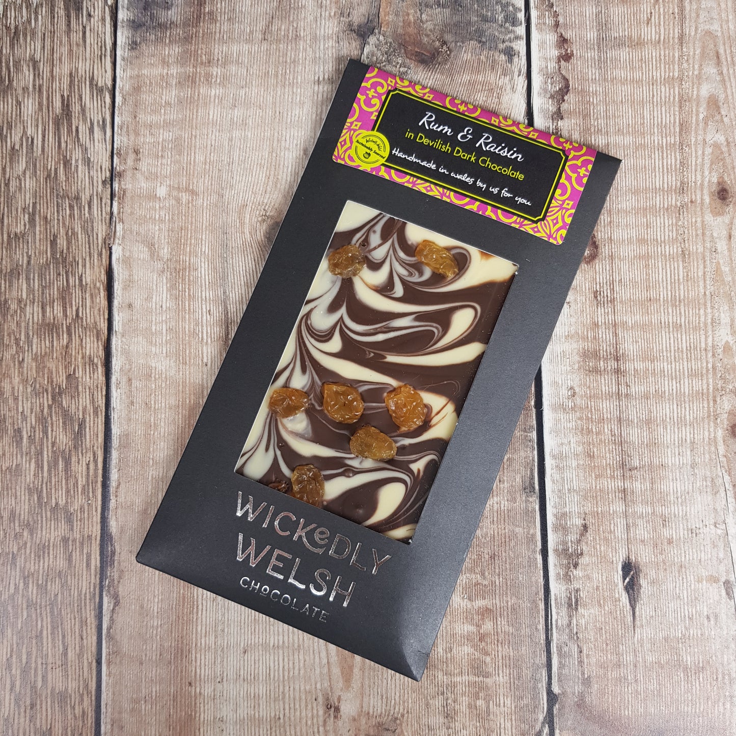 Rum and Raisin Dark Chocolate bar by Wickedly Welsh