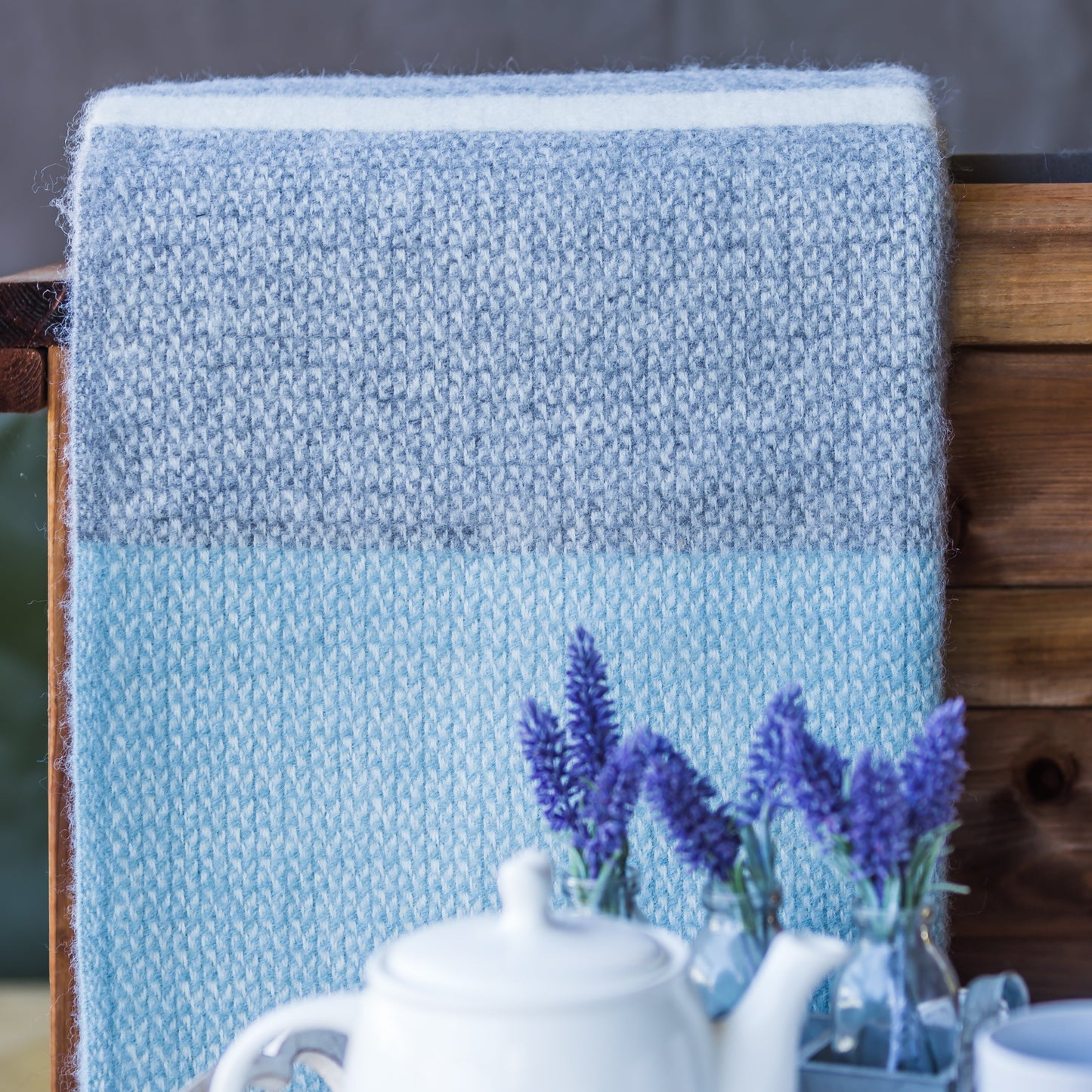 Grey with Duck Egg Blue Panel Illusion Welsh Blanket by Tweedmill