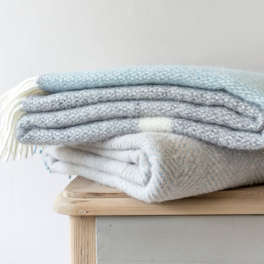 Grey with Duck Egg Blue Panel Illusion Welsh Blanket by Tweedmill