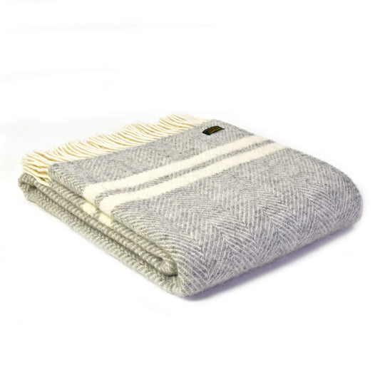 Grey and Off White Two Stripe Welsh Blanket by Tweedmill