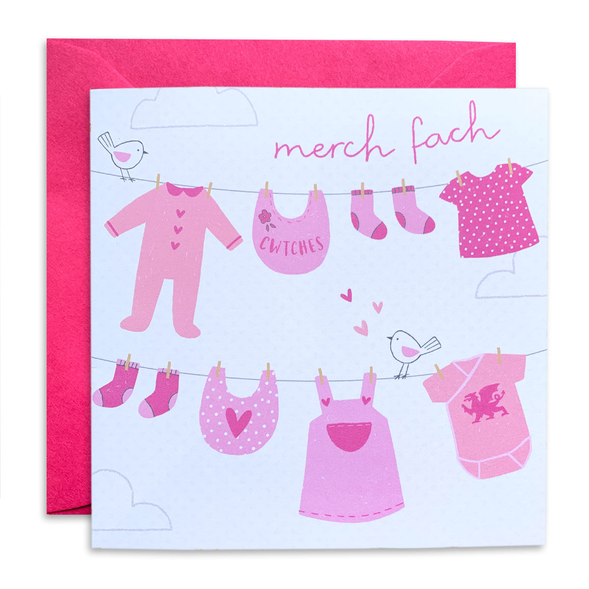 Welsh Baby Girl Card, Cymraes Fach, Pink Stars, Fabric - View #3