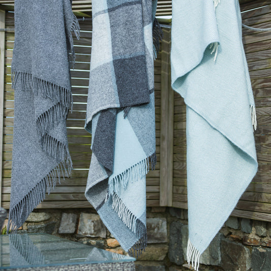 Duck Egg Fishbone Welsh Blanket by Tweedmill