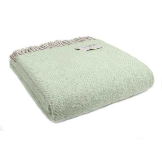 Herringbone Silver Grey & Laurel Green Welsh Blanket by Tweedmill
