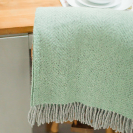 Herringbone Silver Grey & Laurel Green Welsh Blanket by Tweedmill