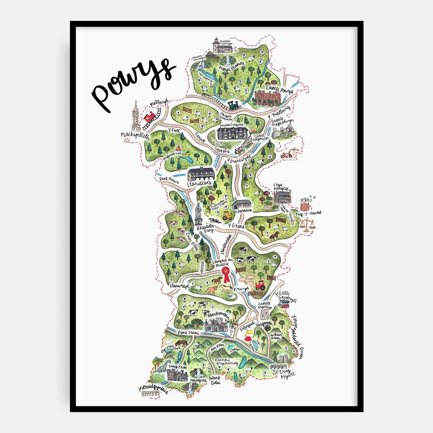 Powys Map Welsh Art Print -Welsh