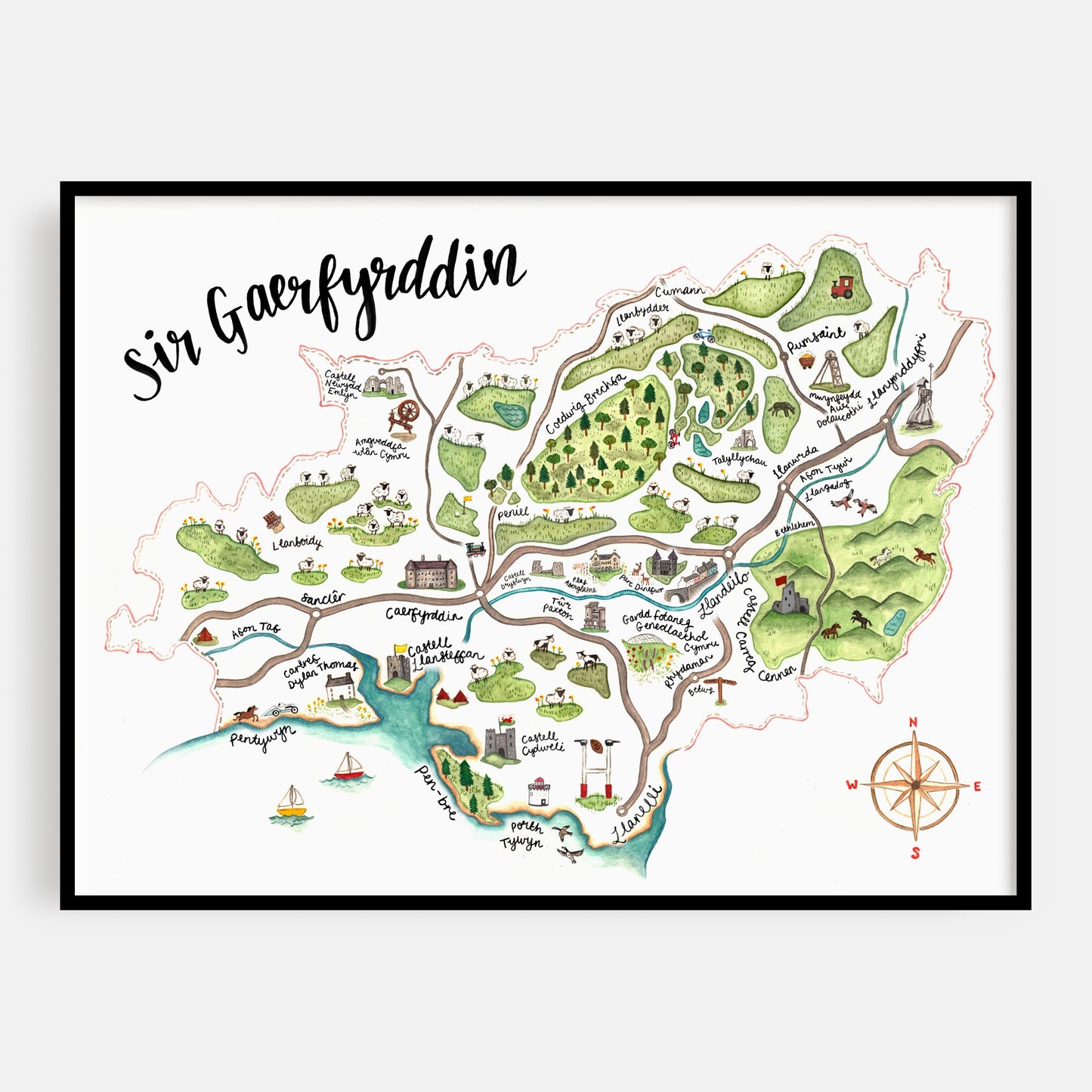 Carmarthenshire Map Welsh Art Print - Welsh