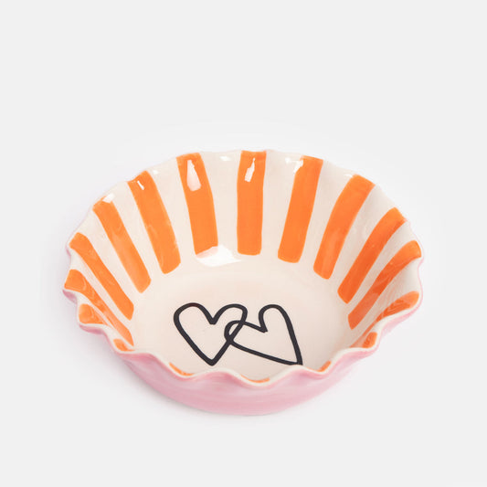 Orange Stripe Scallop Edge Hearts Bowl