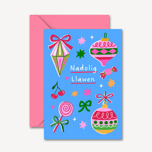 Nadolig Llawen Vintage Bauble Card Blue