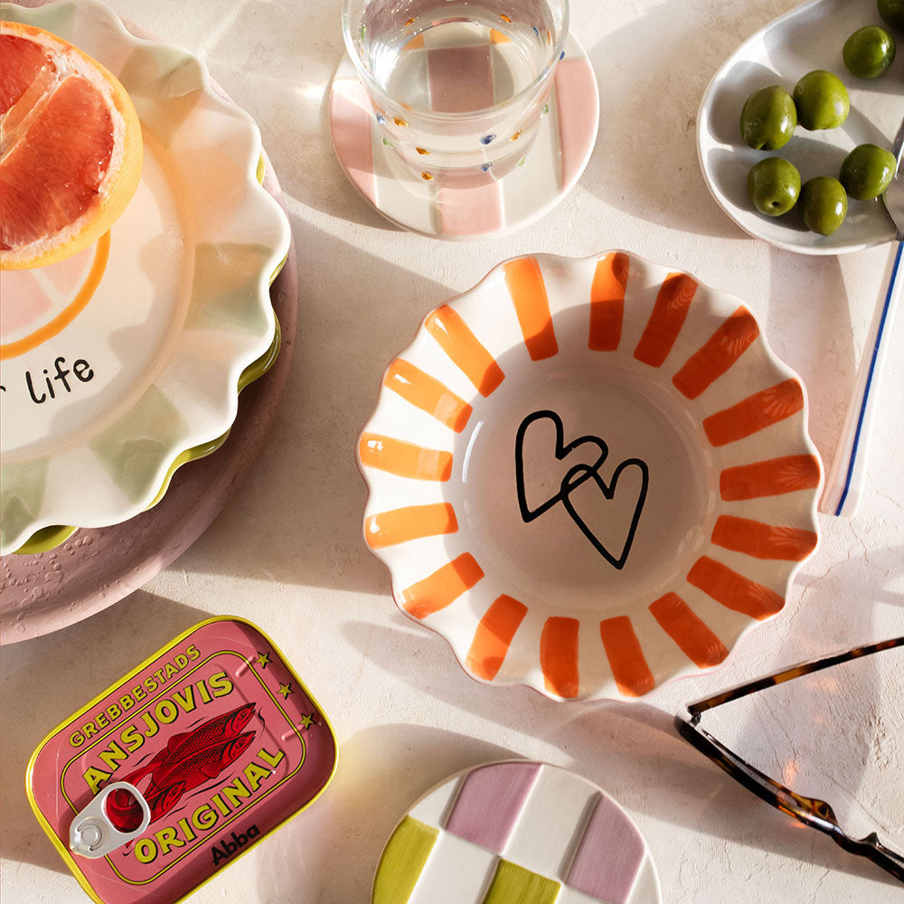 Orange Stripe Scallop Edge Hearts Bowl