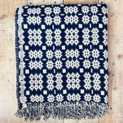 Navy Tapestry Welsh Woollen Blanket By Rock Mill