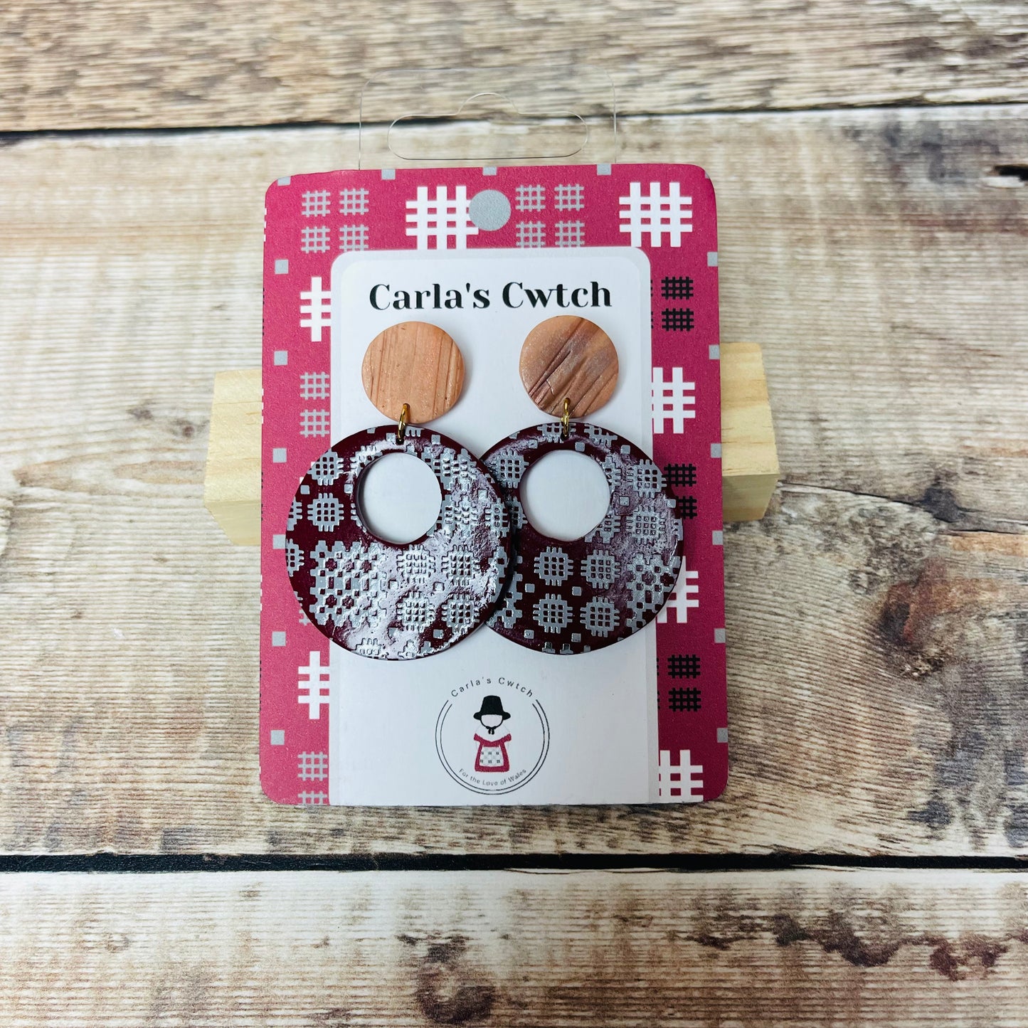 Handmade Maroon Donut Carthen Welsh Tapestry Earrings