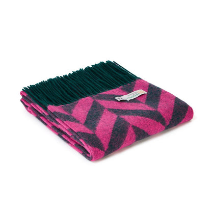 Lambswool Wide Bold Herringbone Scarf Emerald & Pink Scarf