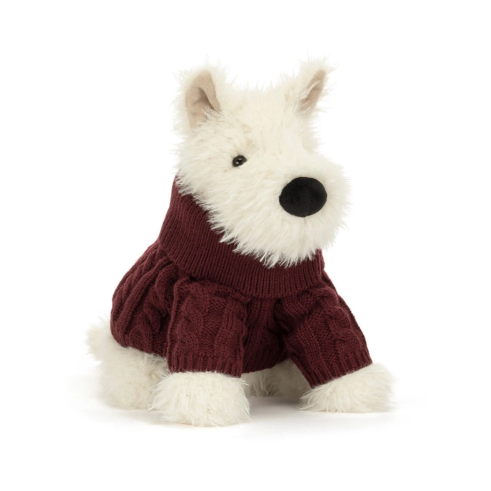 Munroe scottie dog in a burgundy winter jumper. Part of the jellycat christmas range 