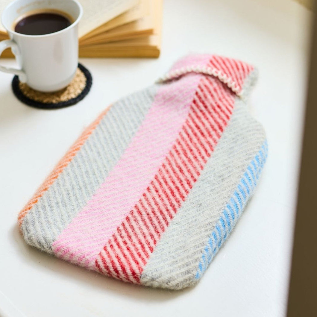Pure New Wool Hot Water Bottle Rainbow Grey Stripe