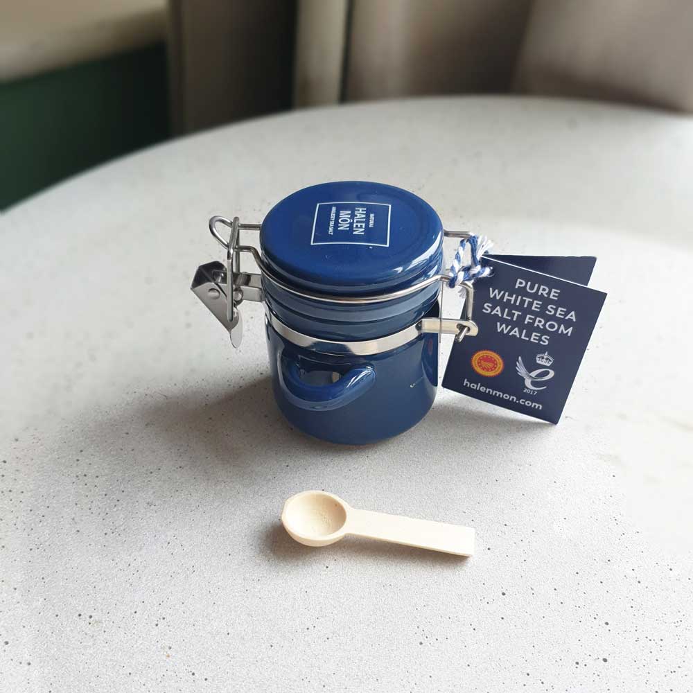 Blue Ceramic Jar of Pure White Sea Salt by Halen Mon