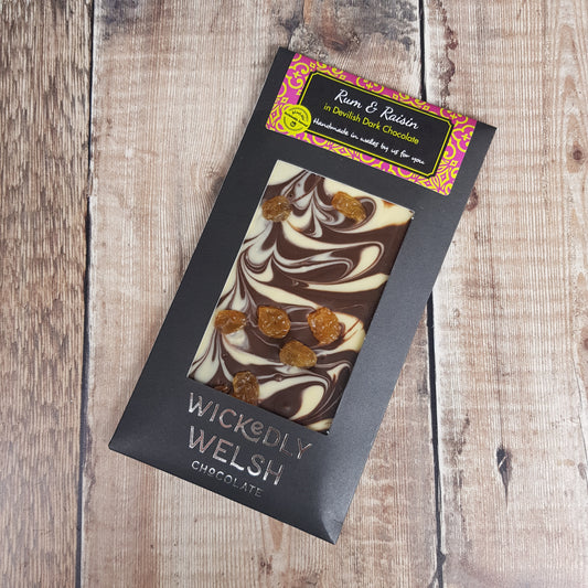 Rum and Raisin Dark Chocolate bar by Wickedly Welsh