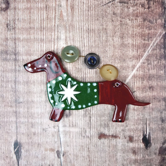 Handmade Green Jumper Sausage Dog Decoration