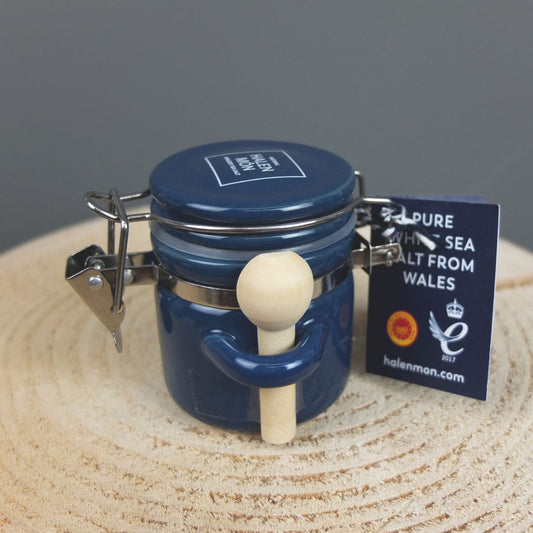 Blue Ceramic Jar of Pure White Sea Salt by Halen Mon