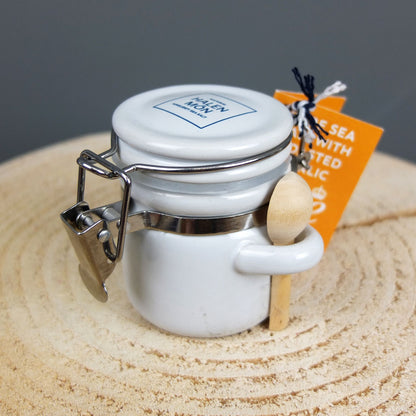 White Ceramic Jar with Roasted Garlic Sea Salt by Halen Mon