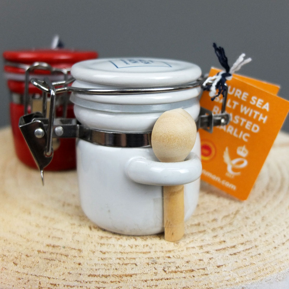 White Ceramic Jar with Roasted Garlic Sea Salt by Halen Mon