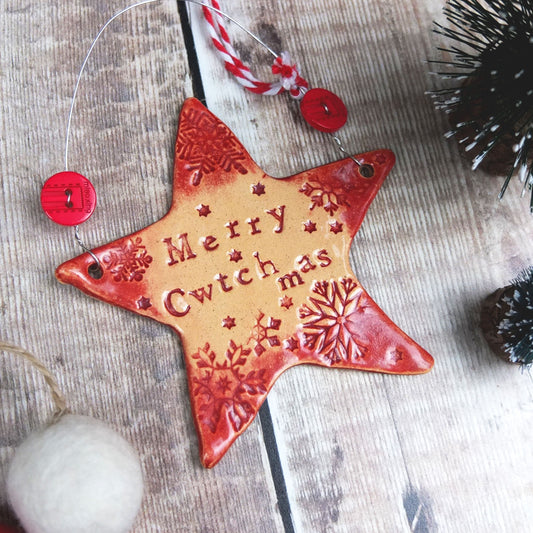 Merry Cwtchmas Ceramic Star Decoration