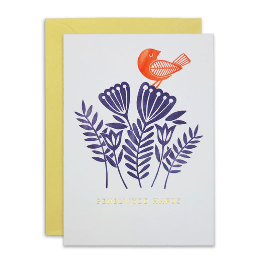 Embossed Penblwydd Hapus Bird and Flowers Card