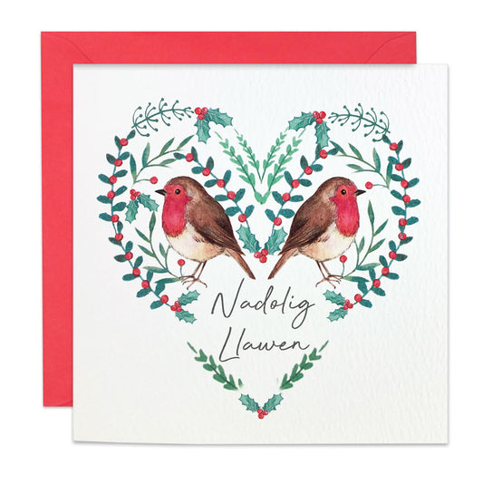 Nadolig Llawen Robins in a Heart Card