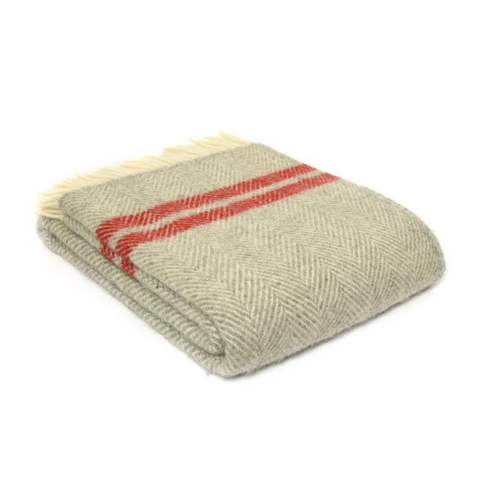 Grey and Red Two Stripe Welsh Blanket by Tweedmill