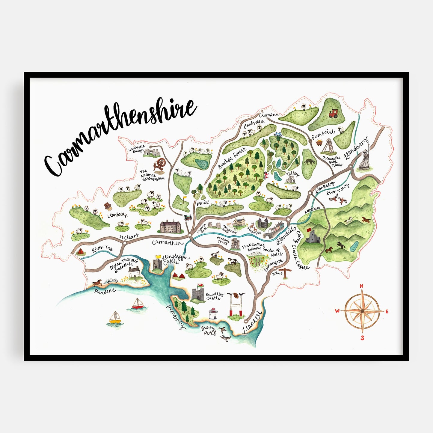 Carmarthenshire Map Welsh Art Print- English