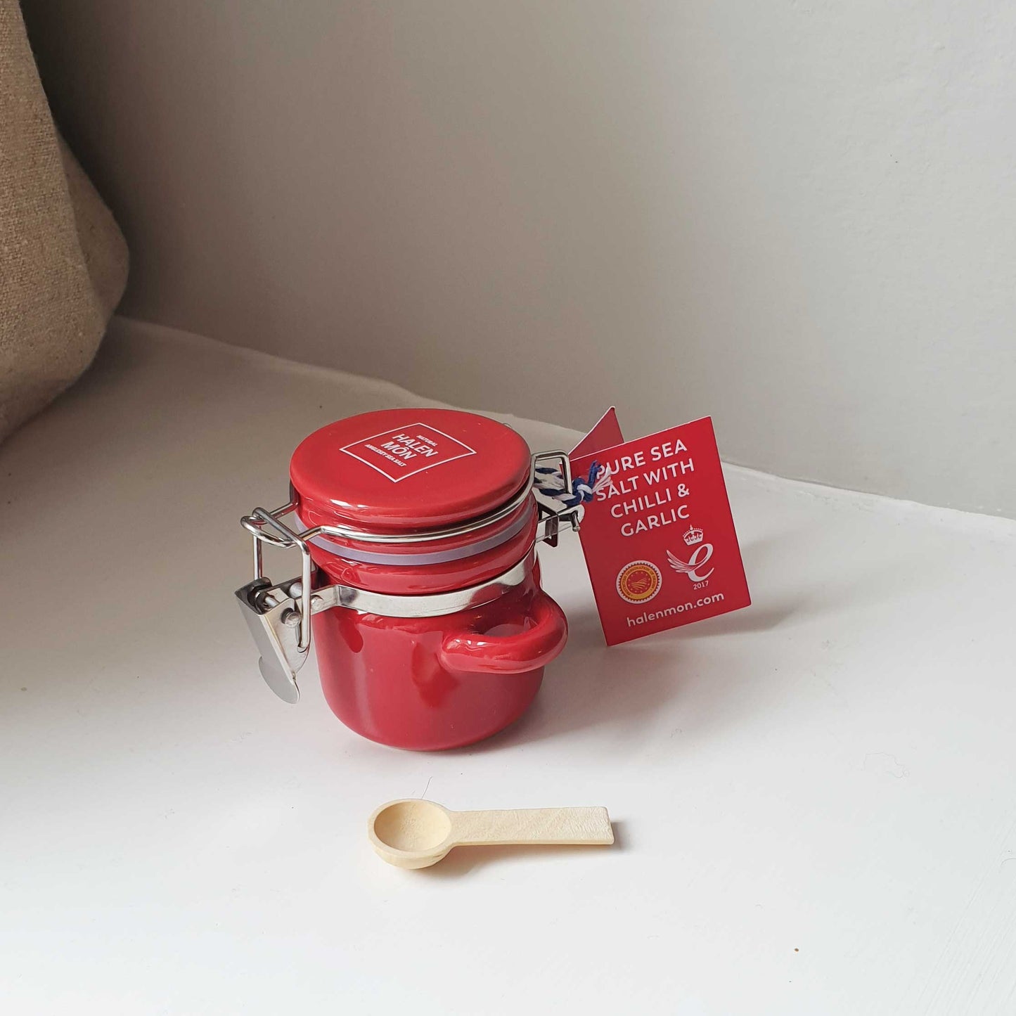 Red Ceramic Jar with Chilli and Garlic Sea Salt by Halen Mon