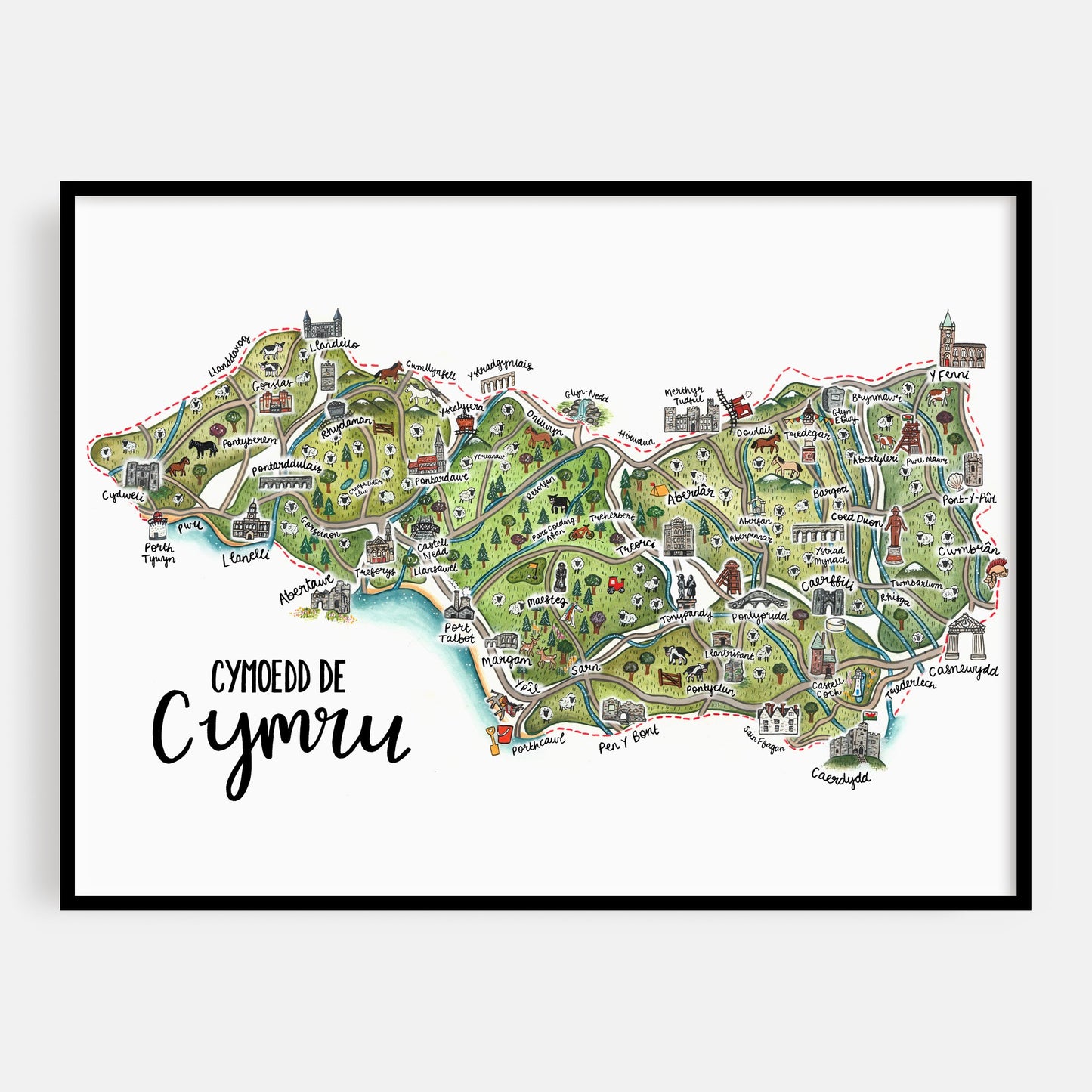 South Wales Valleys Map Print- Welsh