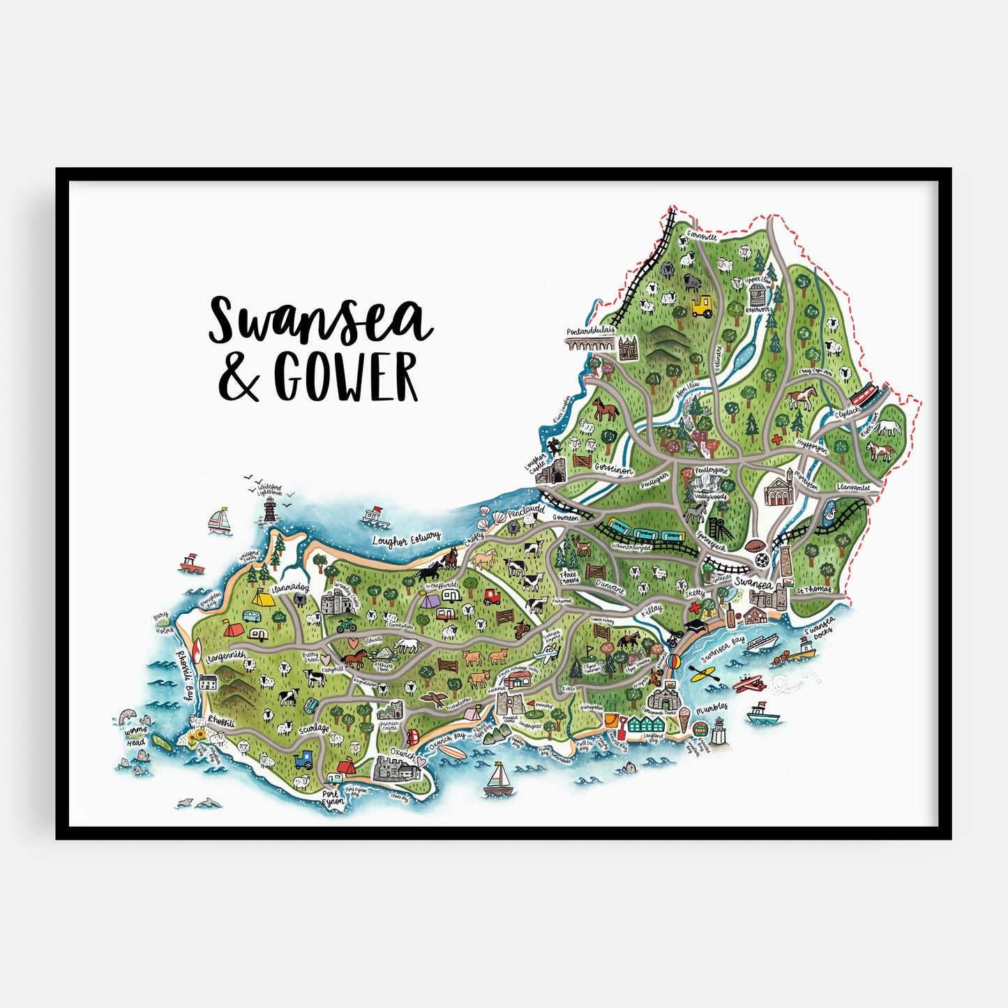Swansea & Gower Map Welsh Art Print - English