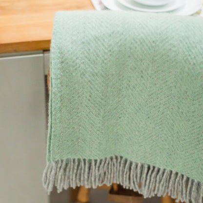 Herringbone Silver Grey & Laurel Green Welsh Blanket by Tweedmill