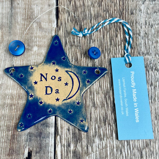 Dark Blue 'Nos Da' Ceramic Hanging Star
