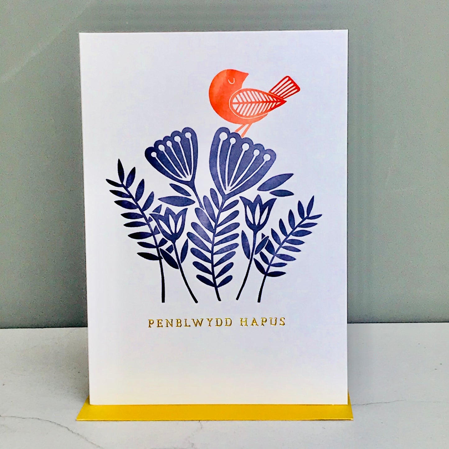 Embossed Penblwydd Hapus Bird and Flowers Card