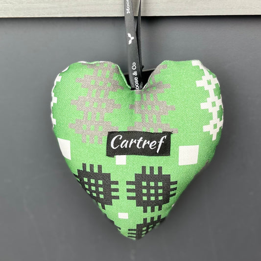 Green Welsh Tapestry Print Cartref Heart Hanger