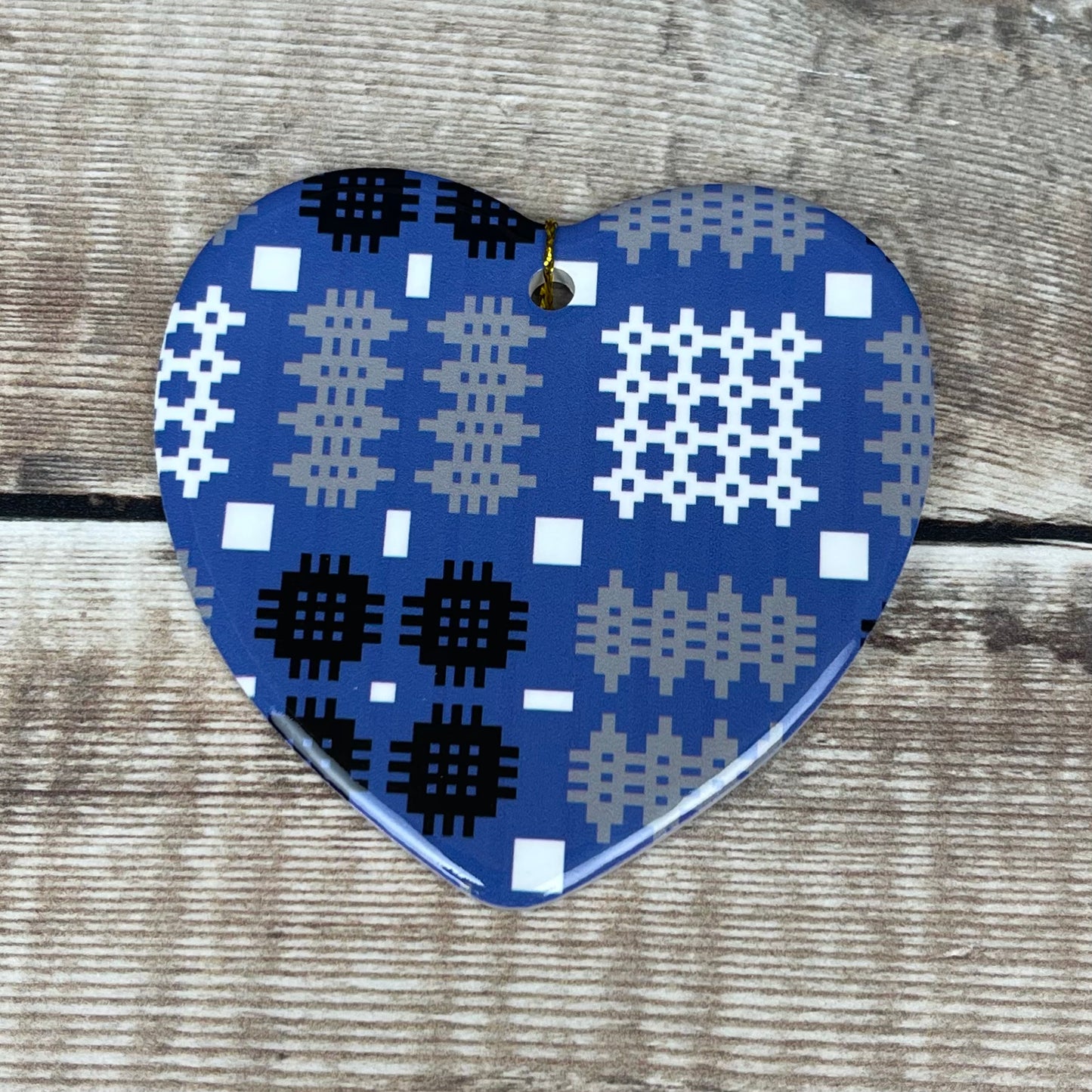 Blue Welsh Tapestry Print Ceramic Heart