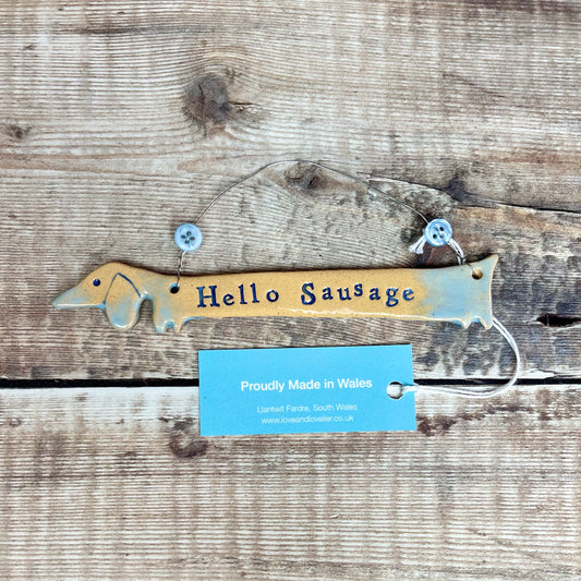 Handmade Welsh Ceramic Blue Hello Sausage Dog