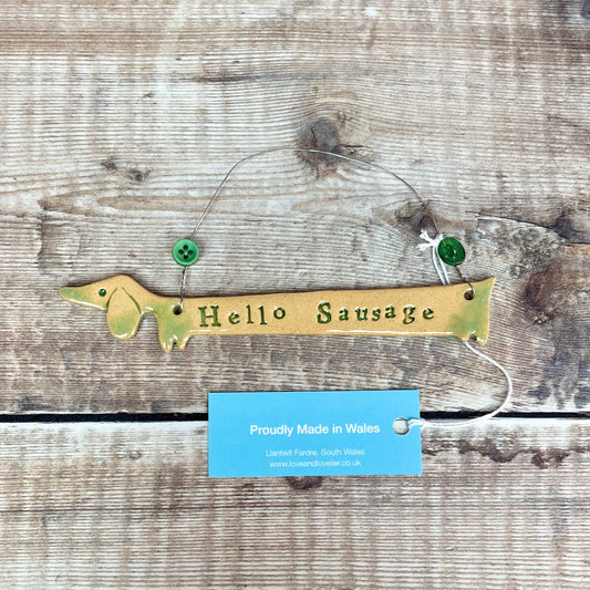 Handmade Welsh Ceramic Green Hello Sausage Dog