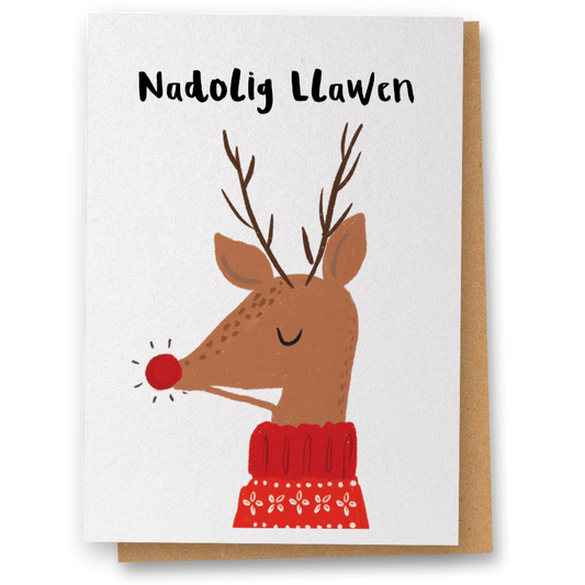 Nadolig Llawen Red Nose Reindeer Card