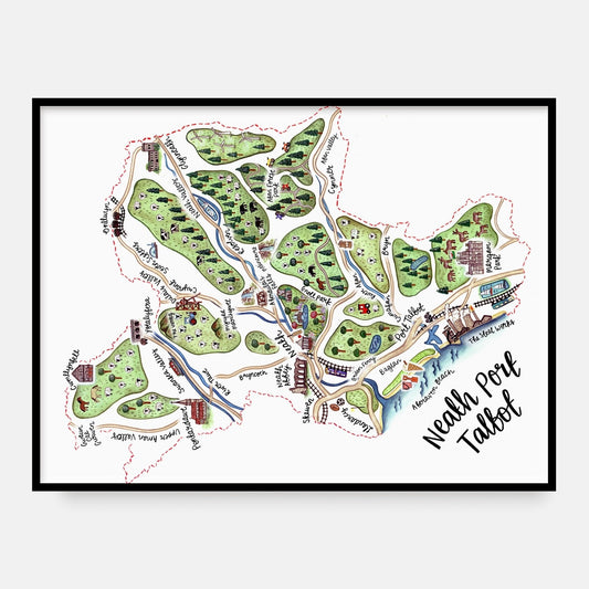 Neath Port Talbot Map Welsh Art Print - English