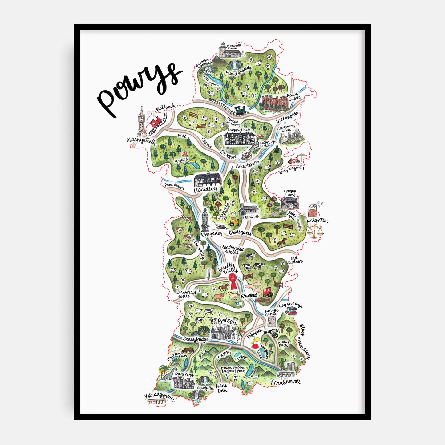 Powys Map Welsh Art Print - English