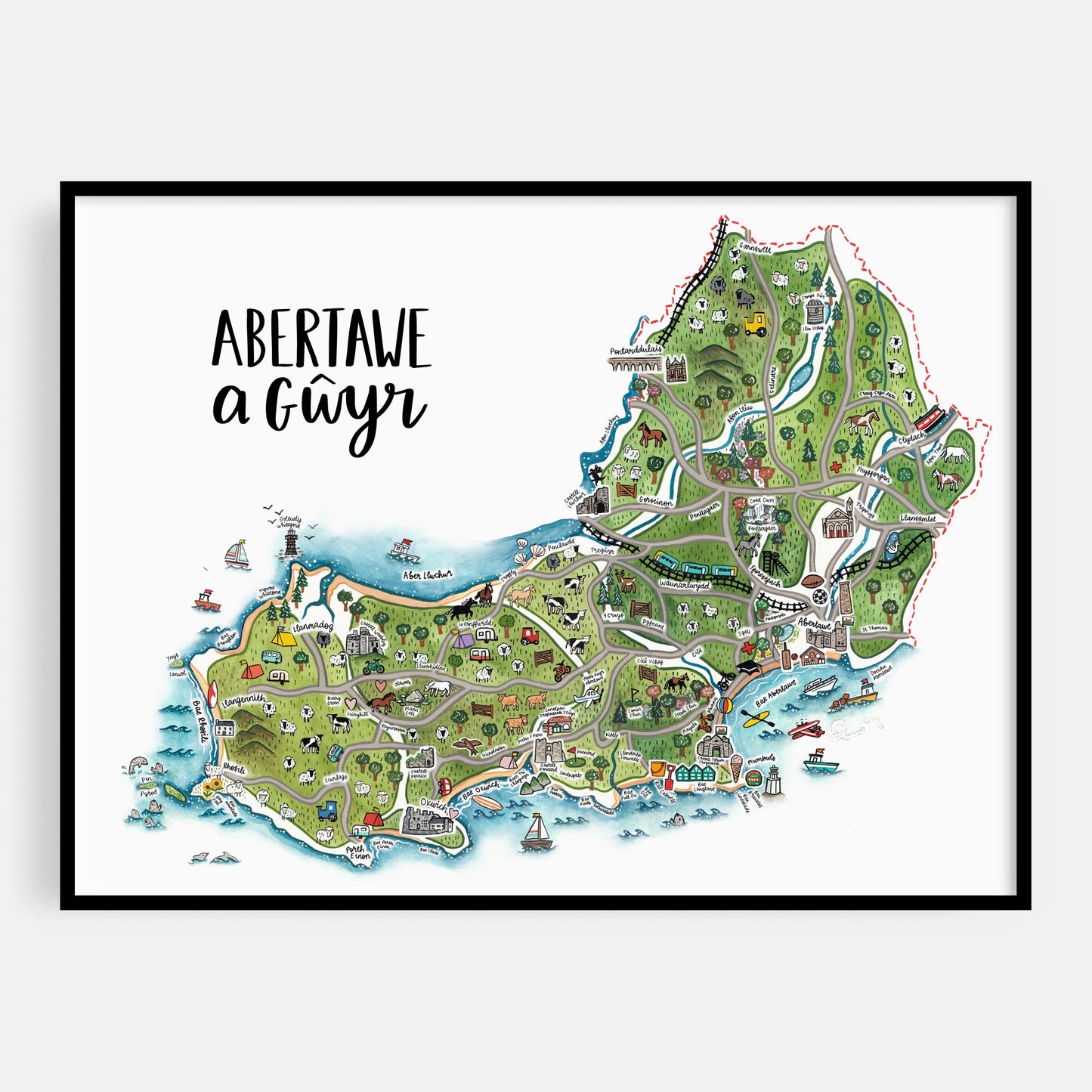 Swansea & Gower Map Welsh Art Print - Welsh